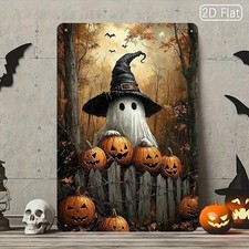Halloween Metal Sign Funny Ghost Witch Hat Pumpkins Aluminum Sign 8x12
