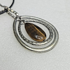 Boho Layered Pendant Necklace Tiger's Eye Silver Tone Multi Strand Black Cord 19