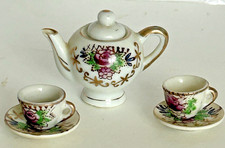 Miniature Porcelain Tea Set Purple Roses Green Leaves Gold Trim 6 pc set