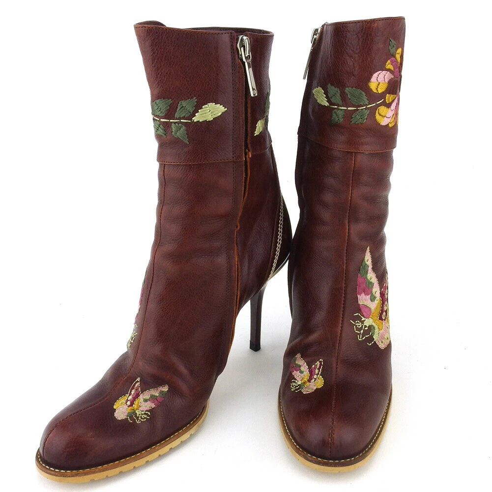 Bottes Dior papillon broderie cuir beige rose authentique d'occasion T17273