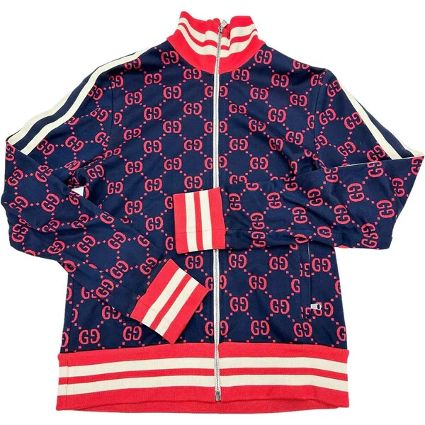 GUCCI 496919 GG Jacquard Track Jacket Zip Felpa con Cappuccio Rosso Navy Uomo M Cotone