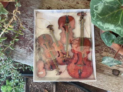 New Box Of 6 Different Size Wooden Violin Ornaments  By Masco in Sealed Box