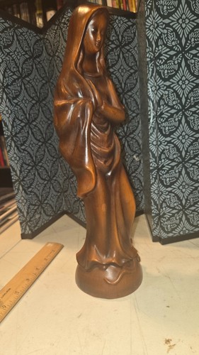 Vintage 13.5" Wood resin Madonna Statue Mahogany Stained Serpent at her feet - Picture 5 of 6