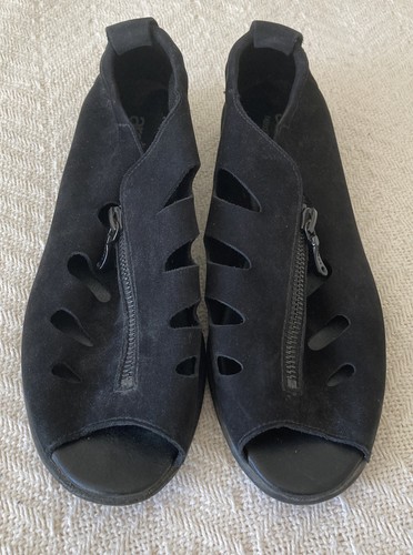 Women’s ARCHE Size 6.5 M EU 37 Black Leather Open Toe Flats Zipper Front France - 第 1/12 張圖片