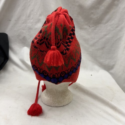 vintage stocking hat 1970 1980s ski retro tuque Beanie Tassels Red Purple Black - Picture 3 of 5