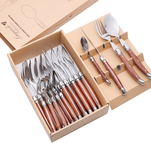 Laguiole by Stainless Steel Flatware Set. Wood Handles, 24 Pieces - Picture 10 of 12