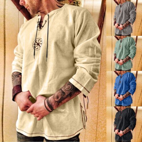 Men Medieval Vintage Tunic Tops Shirt Viking Lace Up Jumper Costume Blouse Size - Picture 5 of 26