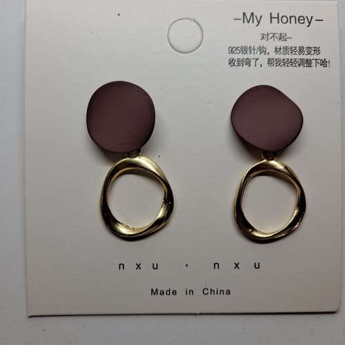 Minimalist Earrings Burgundy Gold Color Twisted Circle Frame Statement Drop Stud - Picture 3 of 8