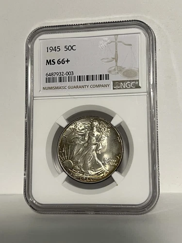 1945 Walking Liberty Half Dollar. NGC MS66+. Colorful Toning.