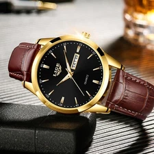 LIGE Men Watches Quartz Luminous Date Wristwatch Leather  Strap Male Watch Gifts