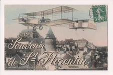 O-695 Aviation Postcard - Souvenir de St Florentin France Biplane Art PC