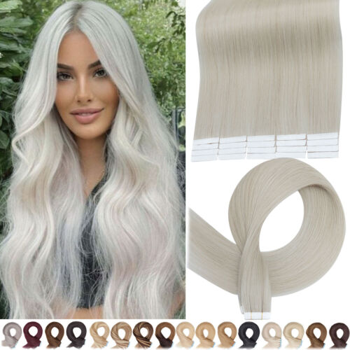 12"-24" Tape In 100% Real Remy Human Hair Extensions Skin Weft Straight White US - Picture 1 of 57