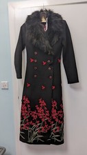 Joe Browns Roses Embroidered Black Floral Maxi Coat Faux Fur Trim New With Tags