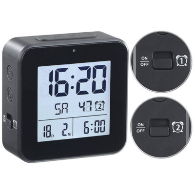infactory Funkwecker mit 2 Weckzeiten, Hygro-/Thermometer & Lichtsensor, schwarz