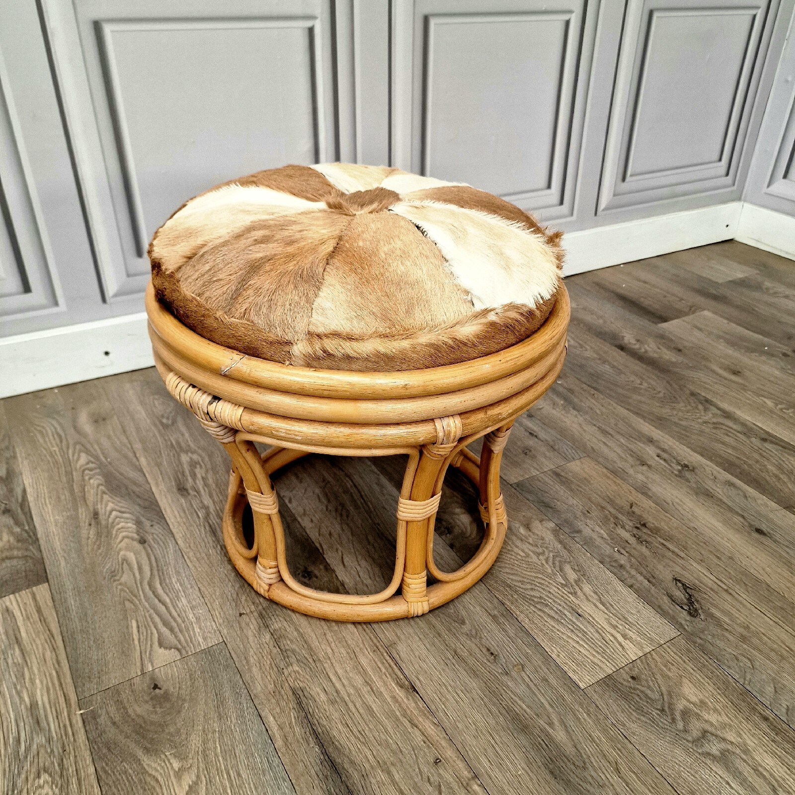 Vintage Bamboo Retro Round Foot Rest Pouffe Stool Animal Skin Cushion
