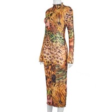 Long Sleeve Leopard Print Women’s Bodycon Sexy Maxi Dress
