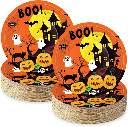 50 Pcs 9-Inch Halloween Paper Plates - Spooky Haunted House Party Supplies Set,