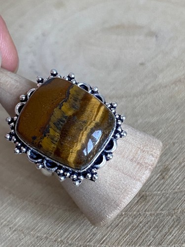 Square Tiger’s Eye Ring Size T 1/2 Sterling Silver 925 Plated Boho Vintage Style - Picture 5 of 5