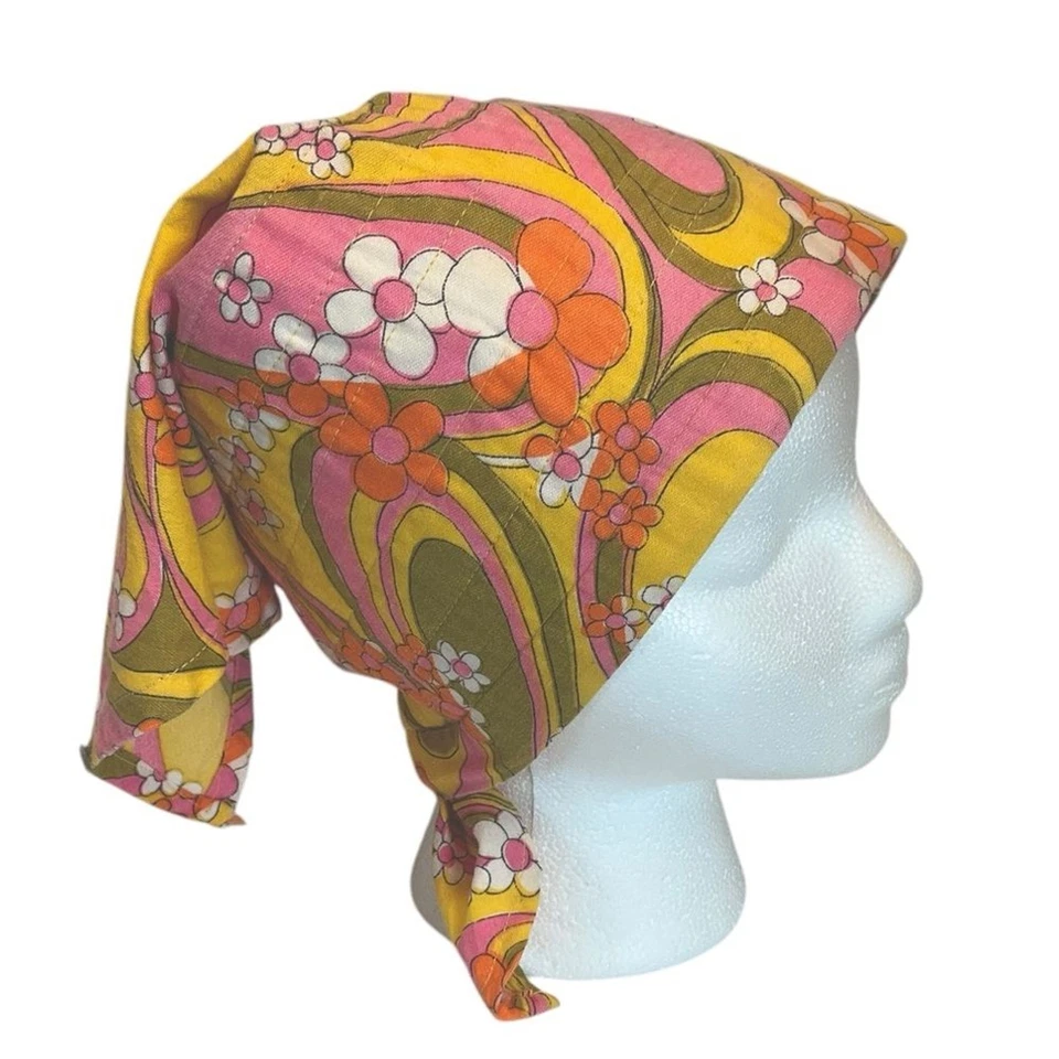 HANDMADE VTG Head Scarf Swirly Pattern 60s 70s Kerchief OS Pink Yellow Green +