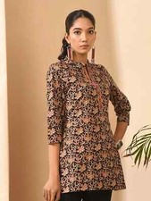 Indian Women Black  Rust Cotton Floral Printed Kurta Kurti Top Tunic Dress