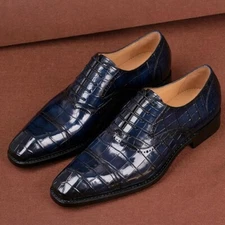 Handmade Stylish Men Shaded Blue Crocodile Leather Lace Up Business Shoes