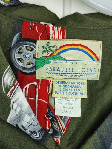 Vintage Paradise Found Classic Cars Hot Rods Hawaiian Made Button-Up Shirt Sz L - Picture 3 of 4