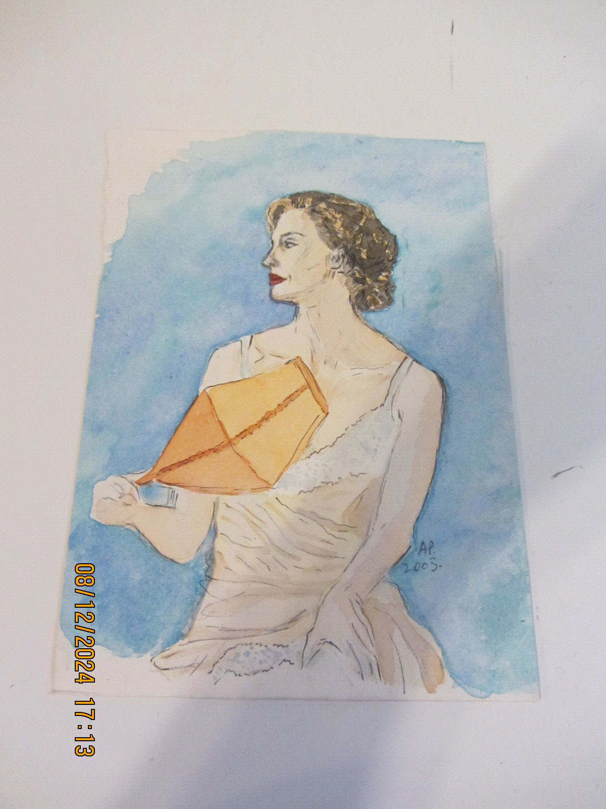 COMTEMPORARY PEN AND WATERCOLOR PAINTING PORTRAIT WOMAN W/FAN 6