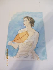 COMTEMPORARY PEN AND WATERCOLOR PAINTING PORTRAIT WOMAN W/FAN 6" X 9"
