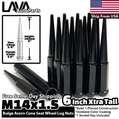 32x 6'' Black 14x1.5 Spike Lug Nut + Key Fit Ford 1999-2023 F250 F350 Super Duty