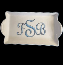 MCLAUGHLIN GLAZEWARE Hand Painted Handled Tray White Blue Monogrammed 8” X 4.25”