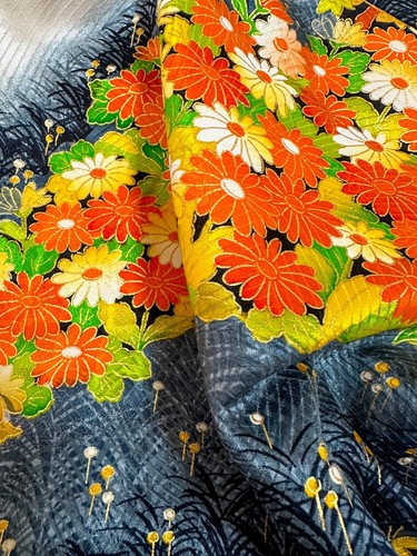 Vintage Kimono Fabric Picked From Furisode 40”x14” Multi Color Base v369 - Picture 8 of 10