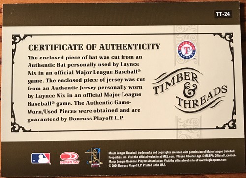 2005 Donruss Timber & Threads Combo Laynce Nix #TT-24 Texas Rangers - Picture 2 of 2