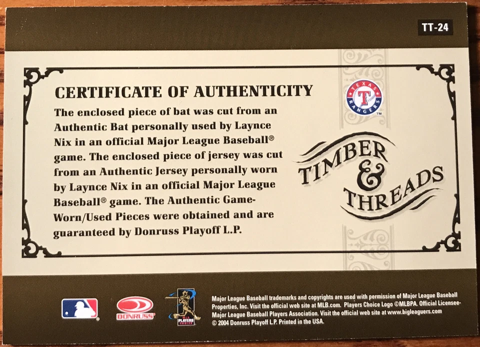 2005 Donruss Timber & Threads Combo Laynce Nix #TT-24 Texas Rangers - Image 2 of 2