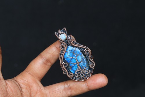 Blue Flash Labradorite Tree of Life Pendant Copper Wire Wrap Jewelry Gift NK549 - Picture 6 of 20