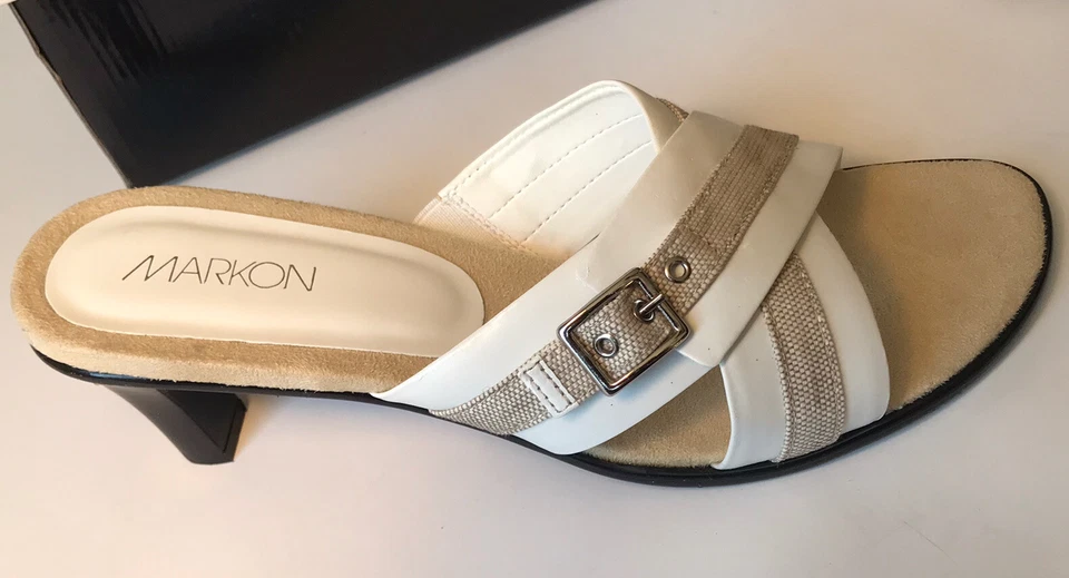 ✨Nuevas Sandalias Mujer Markon "Bailarina" Blanco/Beige Deslizables Punta Abierta Tacones Talla 8.5 M Foto 2 de 4