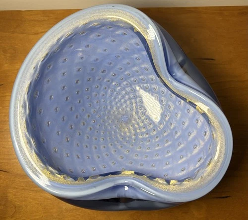 Vintage Italian Murano Hand Crafted Glass Ashtray Bowl Periwinkle Blue & Gold 7"