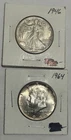 Lot Of 2 Uncirculated Silver Half Dollars 1946 Walking Liberty & 1964 Kennedy