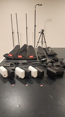 Complete four-camera Mevo camera setup + tripods + fence mounts + memory cards