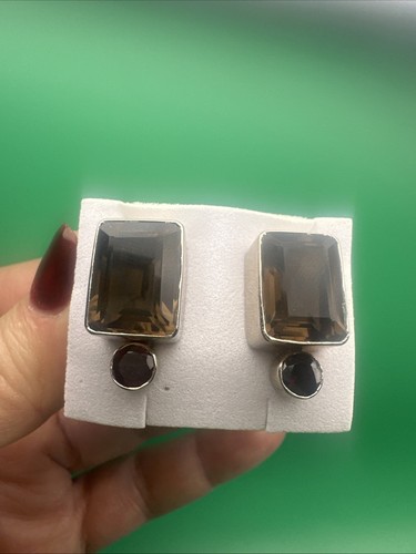 JANE DIAZ NEPAL Smoky QUARTZ And GARNET STERLING SILVER CLIPS - Picture 1 of 18