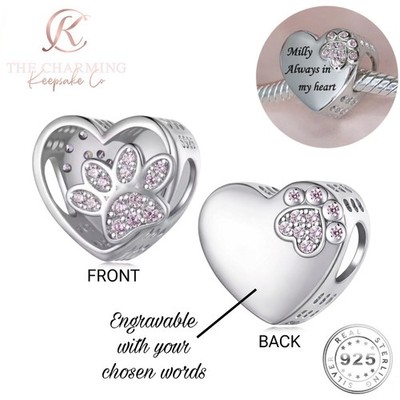 Hund / Katze Charm Silber S925 rosa Pfote Perle - Gravur