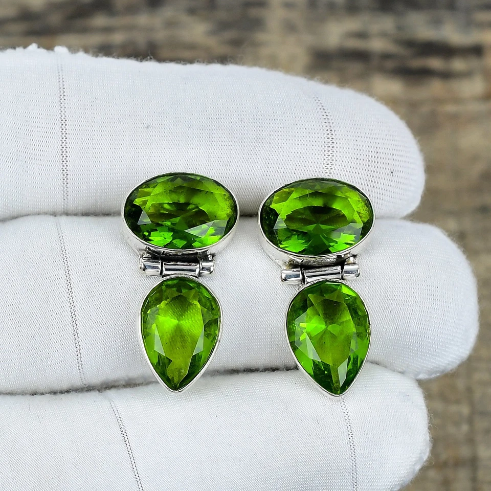 Bello Peridoto Gemma Orecchini 925 Argento Sterling Fatto a Mano Gioielli Regali - Immagine 3 di 4