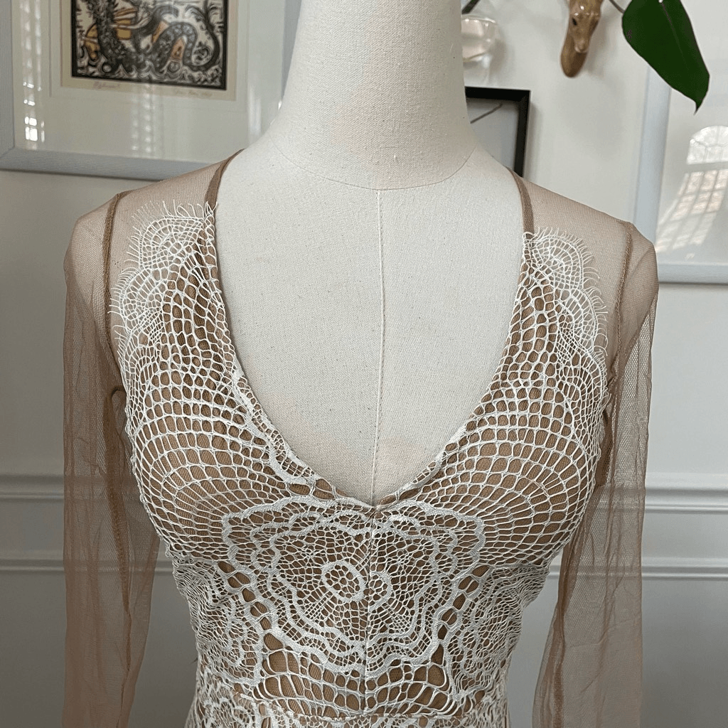 Luxxel Luxxel White Crochet Lace Nude Mesh Sheath Dress Long Sleeves XS | Sz: XS | Color: White tan Luxxel Luxxel White Crochet Lace Nude Mesh Sheath Dress Long Sleeves XS | Sz: XS | Color: White tan