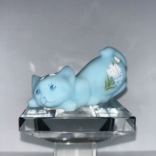 Fenton Blue Satin Glass Cat Figurine Hand Painted Flowers Signed T. Watson VTG