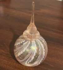 Vintage Silvestri Iridescent Pink Swirl Blown Glass Perfume Bottle Teardrop Top!