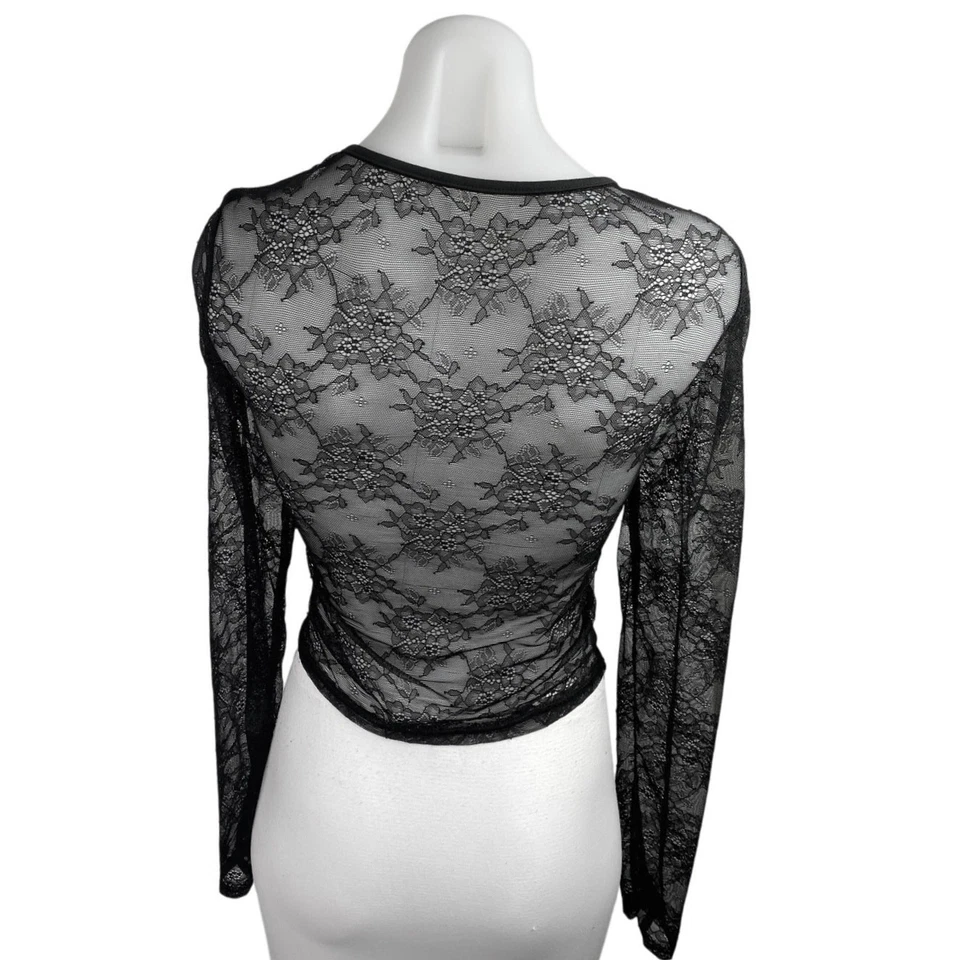 Blusa corta transparente de encaje floral negra para mujer talla S Foto 2 de 4