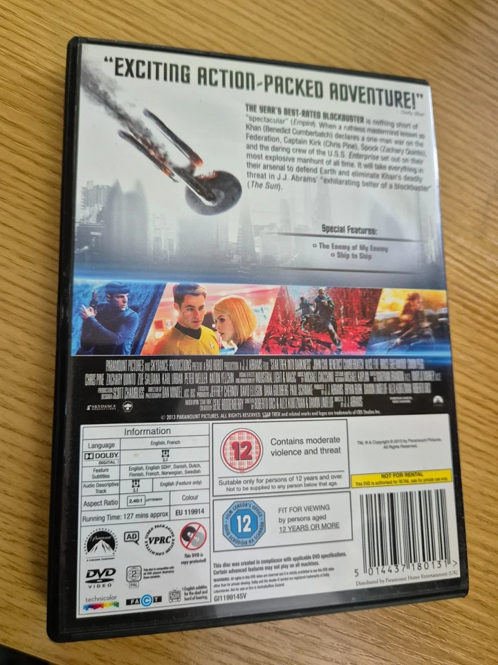 STAR TREK INTO DARKNESS- DVD RATED 12 - Image 2 of 3