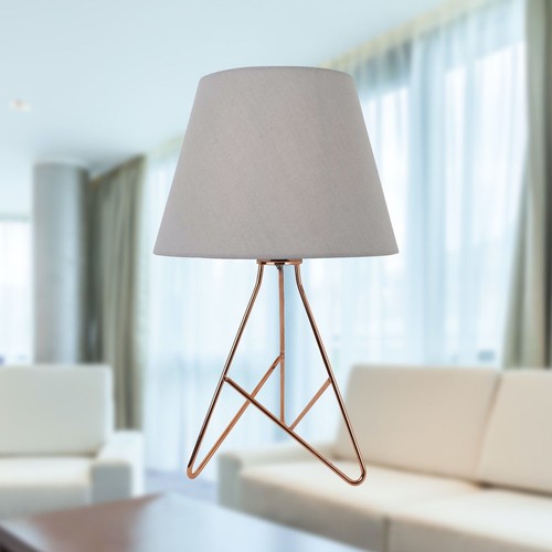 2er Set moderne Kupfer Tripod Tischlampen Nachttischlampen mit grauem Stoffschirm - Bild 7 von 8