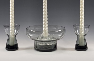 Morgantown Glass Console Set Sharon Flowerlite Barton Candle Holders Smokey Gray