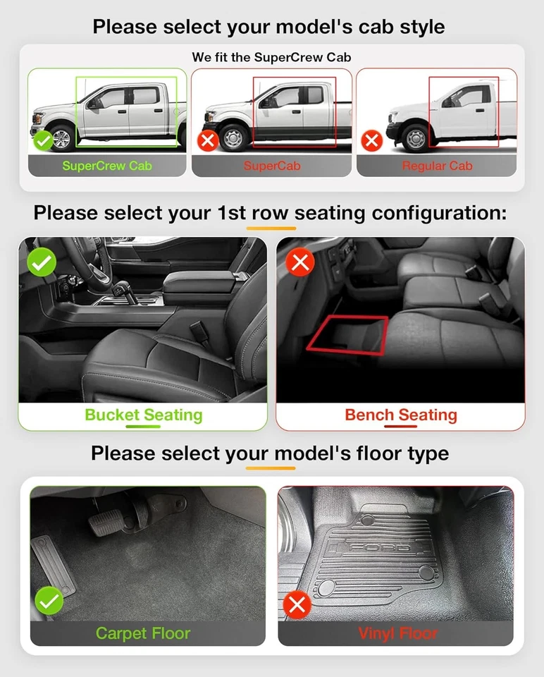 3W Floor Mats & Trunk Bed mat For Ford F150/F-150 SuperCrew Cab 2015-2025 Liner - Image 4 of 4