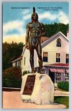 Vintage Linen Postcard Statue of Massasoit Plymouth Massachusetts